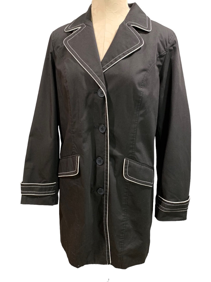 Medium Dennis by Dennis Basso Women's Black Trench Coat Jacket Scarf White Piping