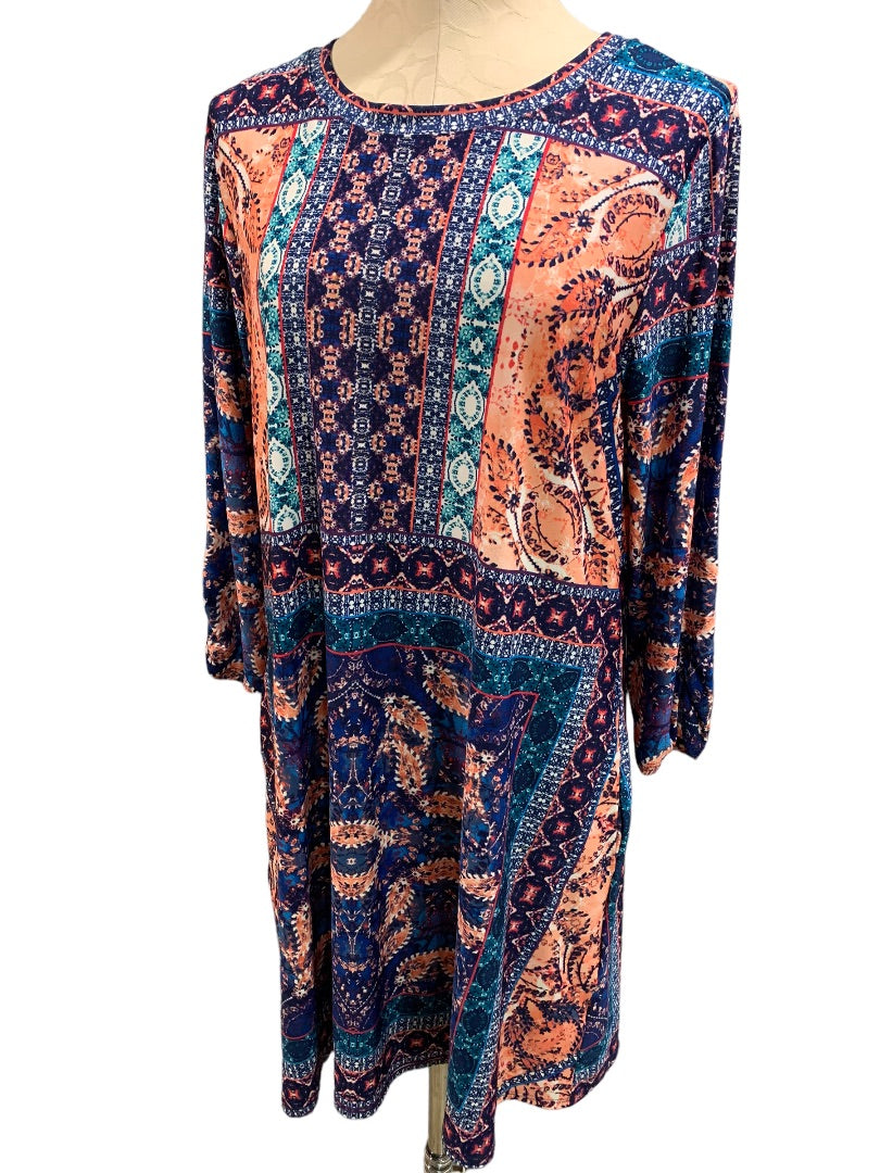 XL AGB Women's Retro Paisley Print Shift Pullover Dress Long Sleeve