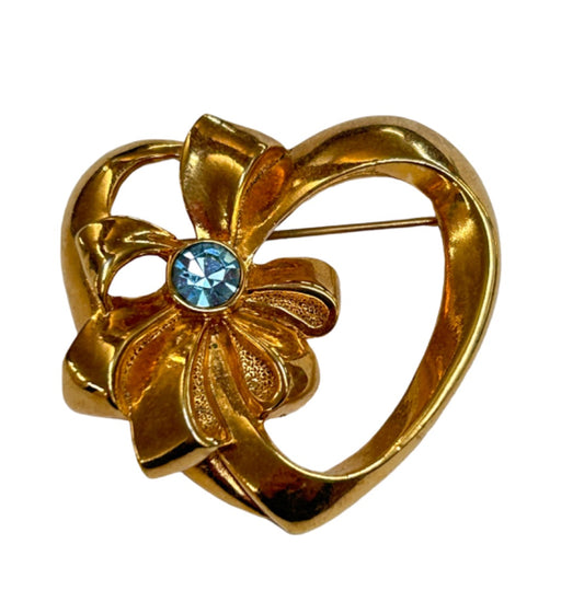 Vintage Signed Avon Brooch Pin Goldtone Heart with Bow Blue Stone 1.5"