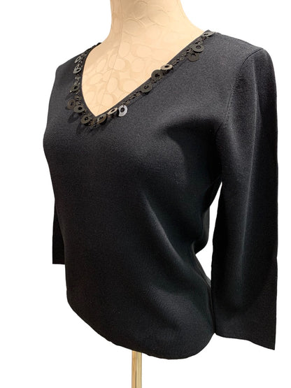 Large Versailles Women's Black V-Neck Embellished 3/4 Sleeve Pullover Top Travel Knit 1990s Vintage