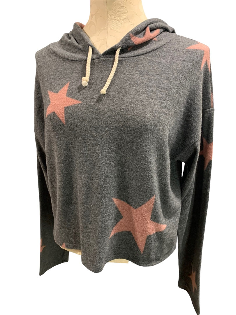 Medium Caution to the Wind Women's Gray Pink Pullover Hoodie Lightweight Star