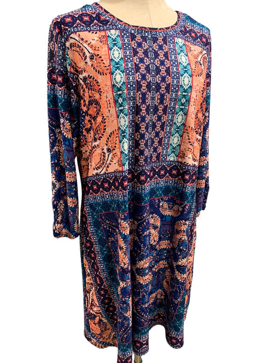 XL AGB Women's Retro Paisley Print Shift Pullover Dress Long Sleeve