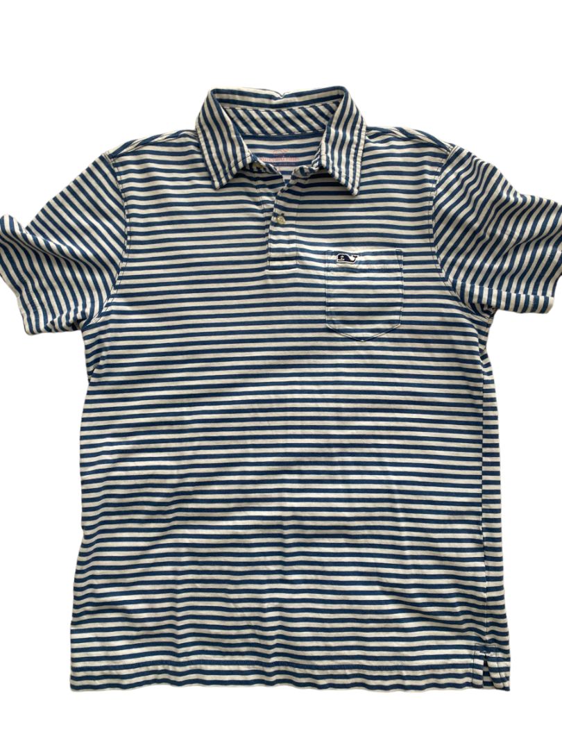 Large Vineyard Vines Boys Blue White Striped Polo Shirt 100% Cotton