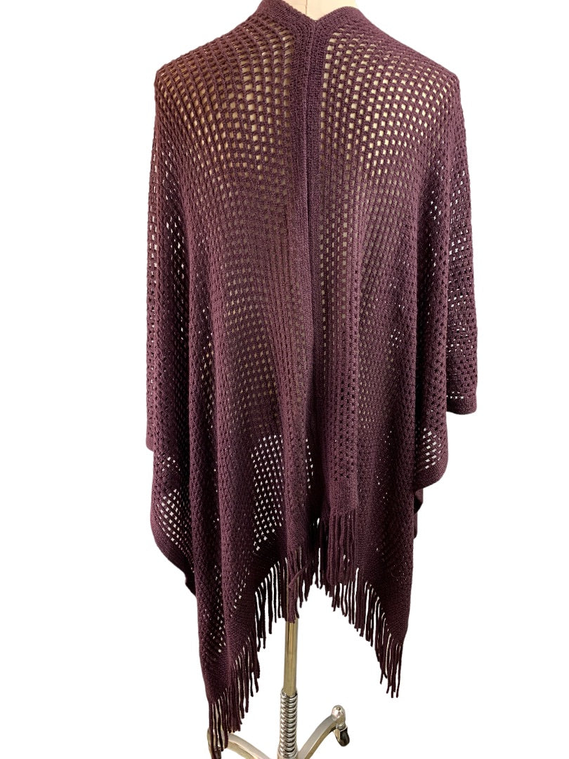 Loose Knit Fringed Shawl Cardigan Women's Eggplant Dark Purple