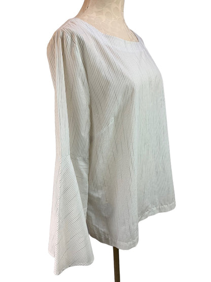 Large LOFT Women's White Pinstripe Bell Sleeve Pullover Blouse Lightweight