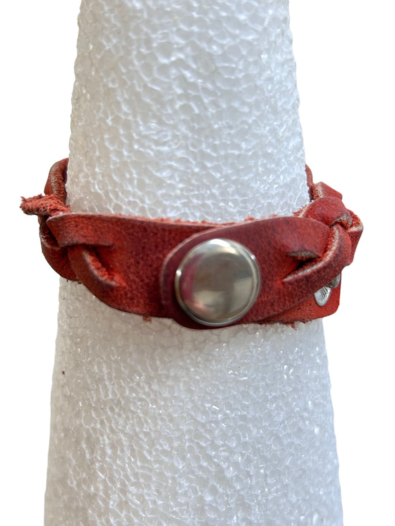 Braided Red Leather Bracelet Snap Closure "Strength" 7" or 7.5"