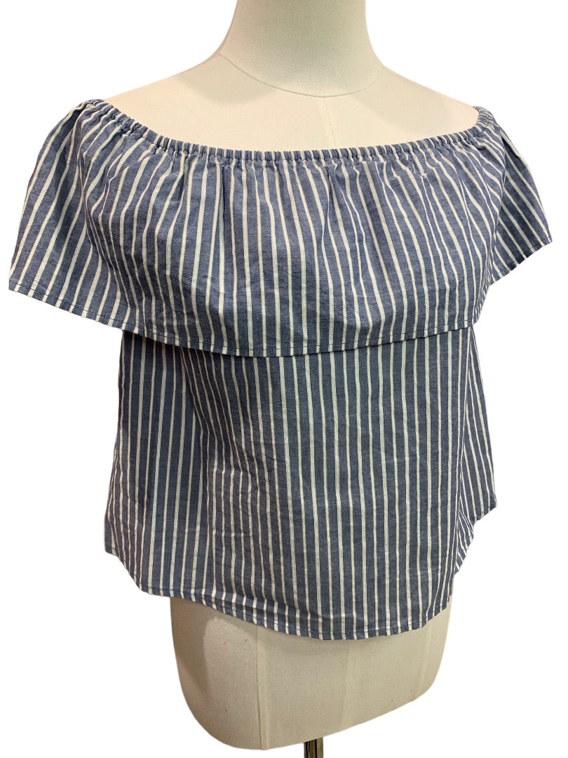 XS Xhilaration Women's Off  the Shoulder Blue White Striped Shirt