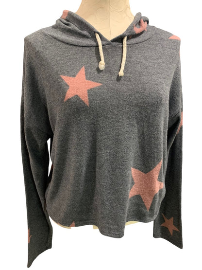 Medium Caution to the Wind Women's Gray Pink Pullover Hoodie Lightweight Star