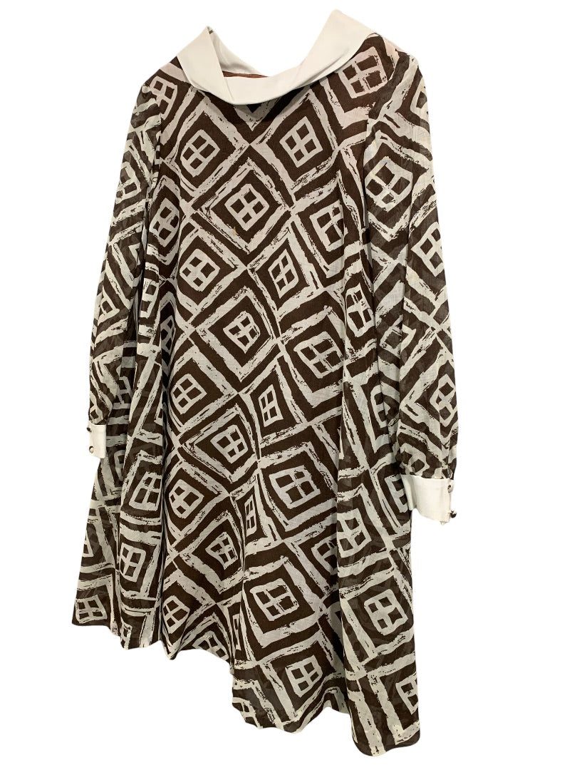 Vintage 1960s Brown White Shift Dress Sheer Overlay Swing Dress Geometric Pattern