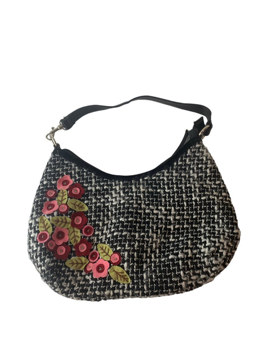 Black and White Tweed Shoulderbag Floral Applique 8"h x 11.5"w