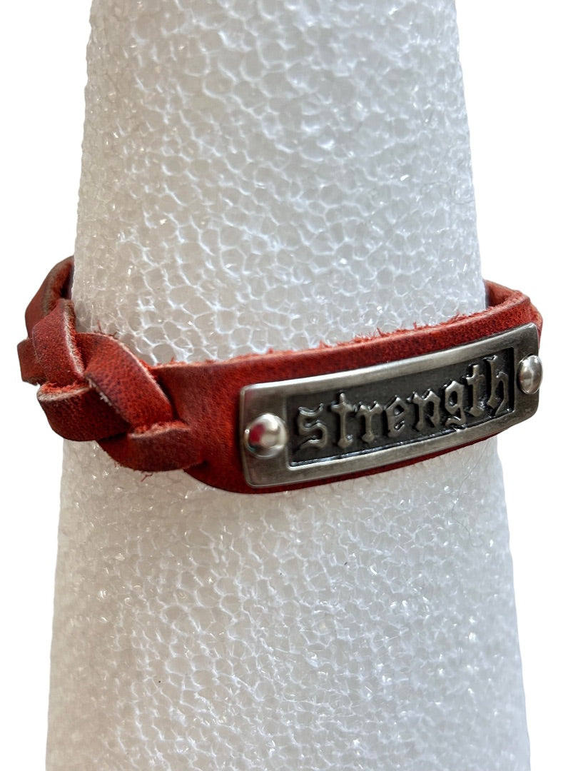 Braided Red Leather Bracelet Snap Closure "Strength" 7" or 7.5"