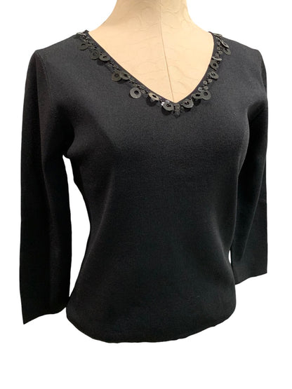 Large Versailles Women's Black V-Neck Embellished 3/4 Sleeve Pullover Top Travel Knit 1990s Vintage