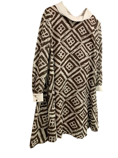 Vintage 1960s Brown White Shift Dress Sheer Overlay Swing Dress Geometric Pattern