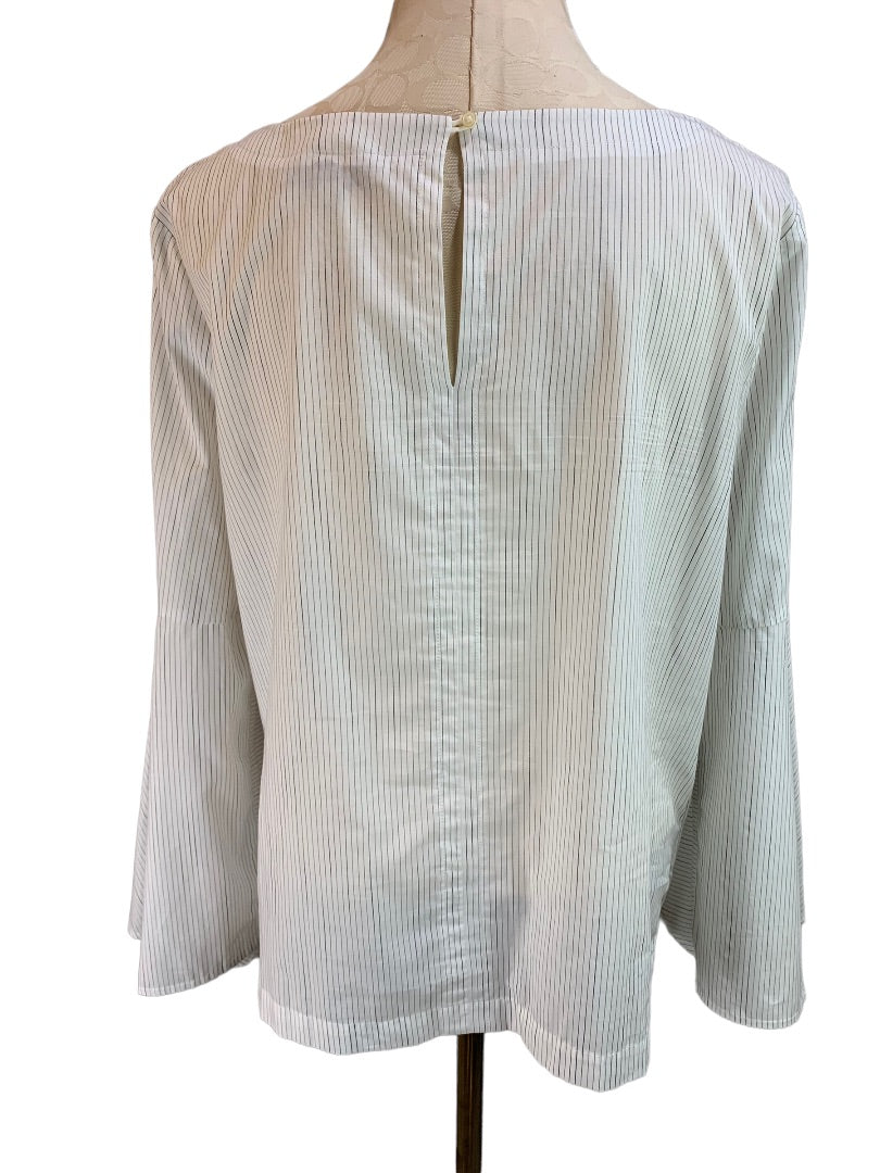 Large LOFT Women's White Pinstripe Bell Sleeve Pullover Blouse Lightweight