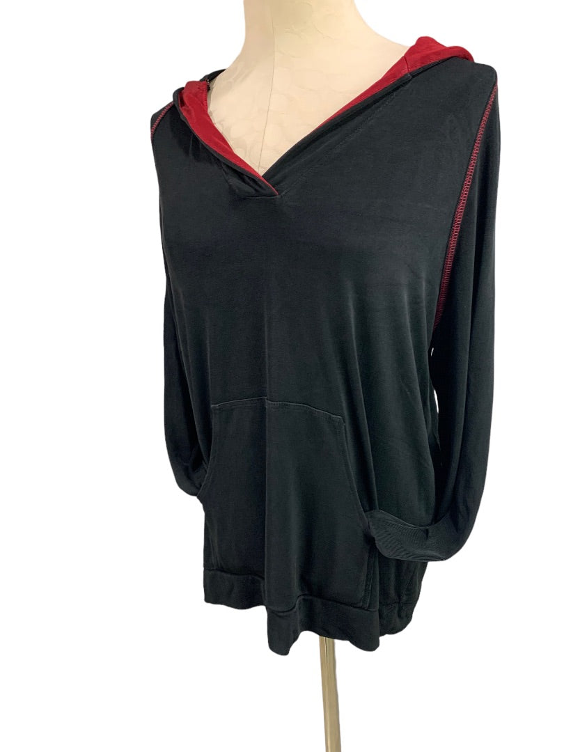 XL Chico's Travelers Women's Black Red Contrast Stitch Pull Over Hoodie Travel Knit