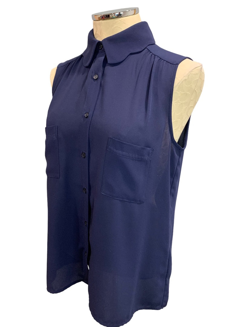 Small Pleione Women's Sleeveless Navy Blue Button Up Blouse Slightly Sheer