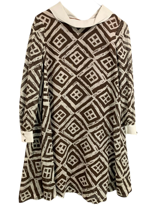 Vintage 1960s Brown White Shift Dress Sheer Overlay Swing Dress Geometric Pattern