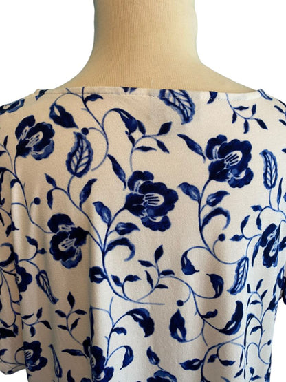 Large J. Jill Wearever Floral Short Sleeve Tunic Blue White Tshirt Scoop Neck