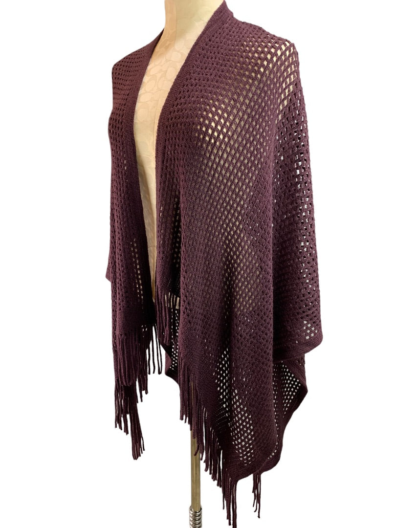 Loose Knit Fringed Shawl Cardigan Women's Eggplant Dark Purple