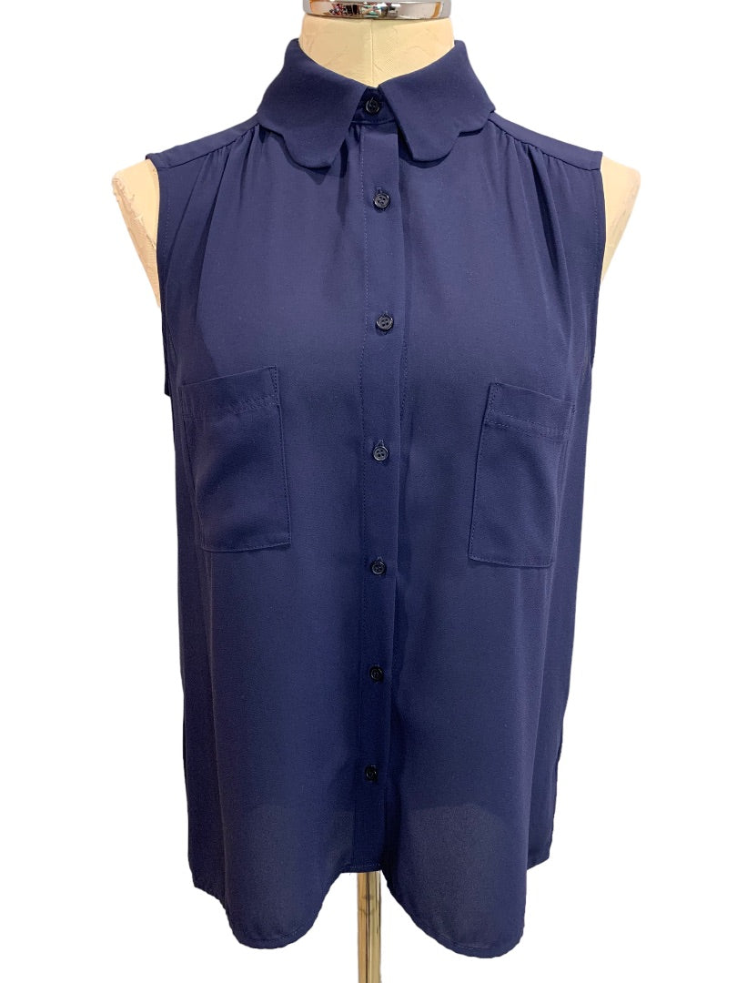 Small Pleione Women's Sleeveless Navy Blue Button Up Blouse Slightly Sheer