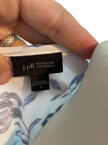 Large J. Jill Wearever Floral Short Sleeve Tunic Blue White Tshirt Scoop Neck