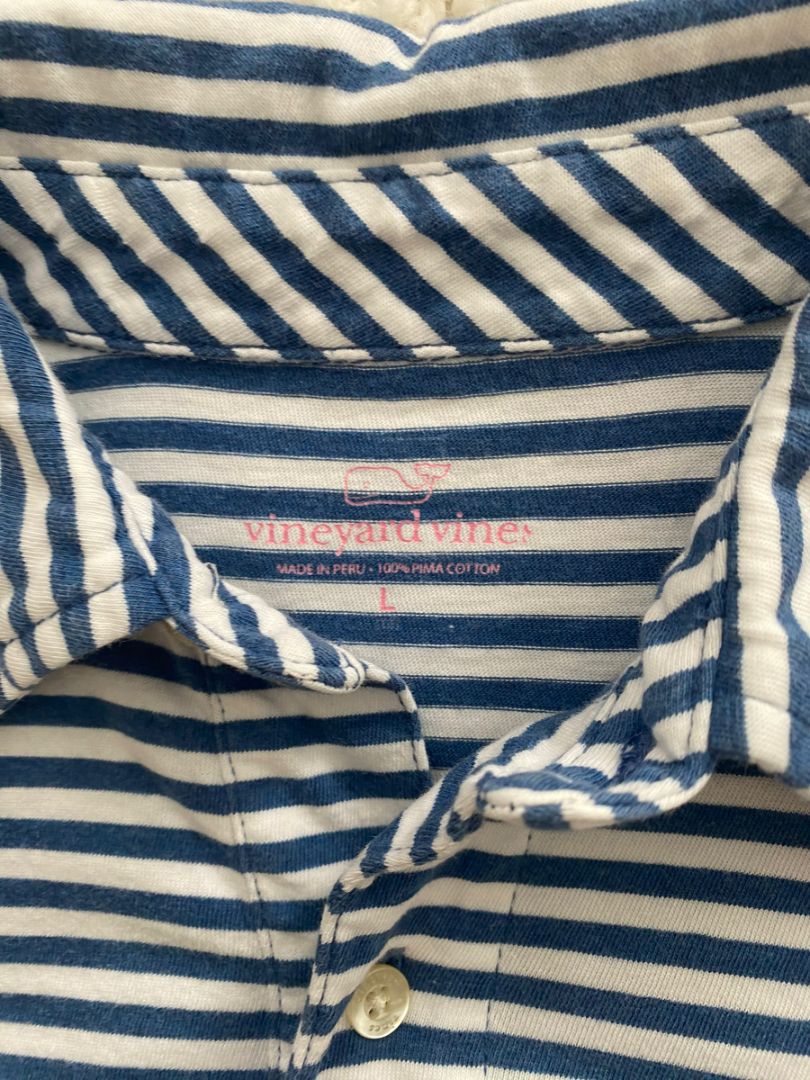 Large Vineyard Vines Boys Blue White Striped Polo Shirt 100% Cotton