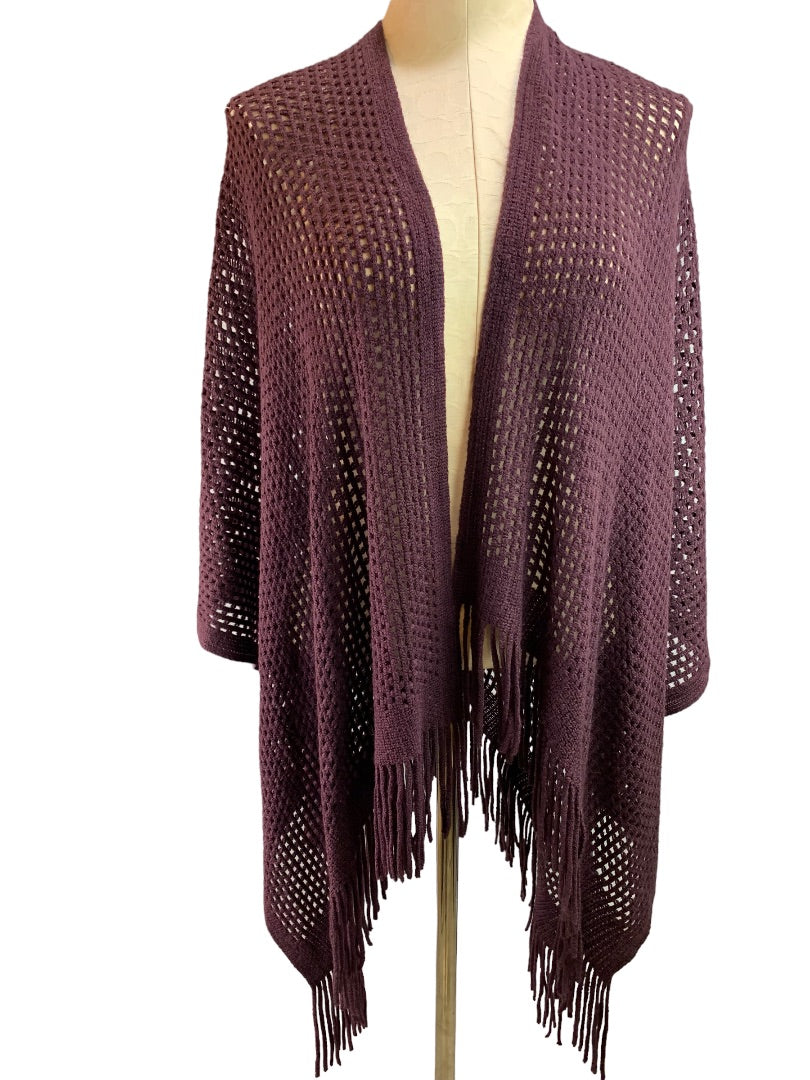 Loose Knit Fringed Shawl Cardigan Women's Eggplant Dark Purple