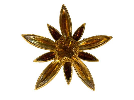 Vintage Goldtone Star Flower Brooch Amber Glass 2" Diameter Pin Retro