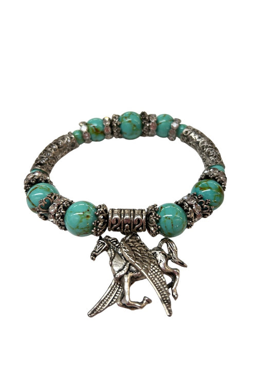 Stretch Bracelet Horse Wings Faux Turquoise and Silvertone Beads