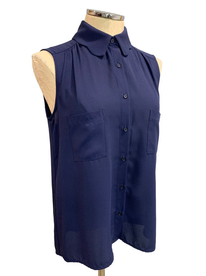 Small Pleione Women's Sleeveless Navy Blue Button Up Blouse Slightly Sheer