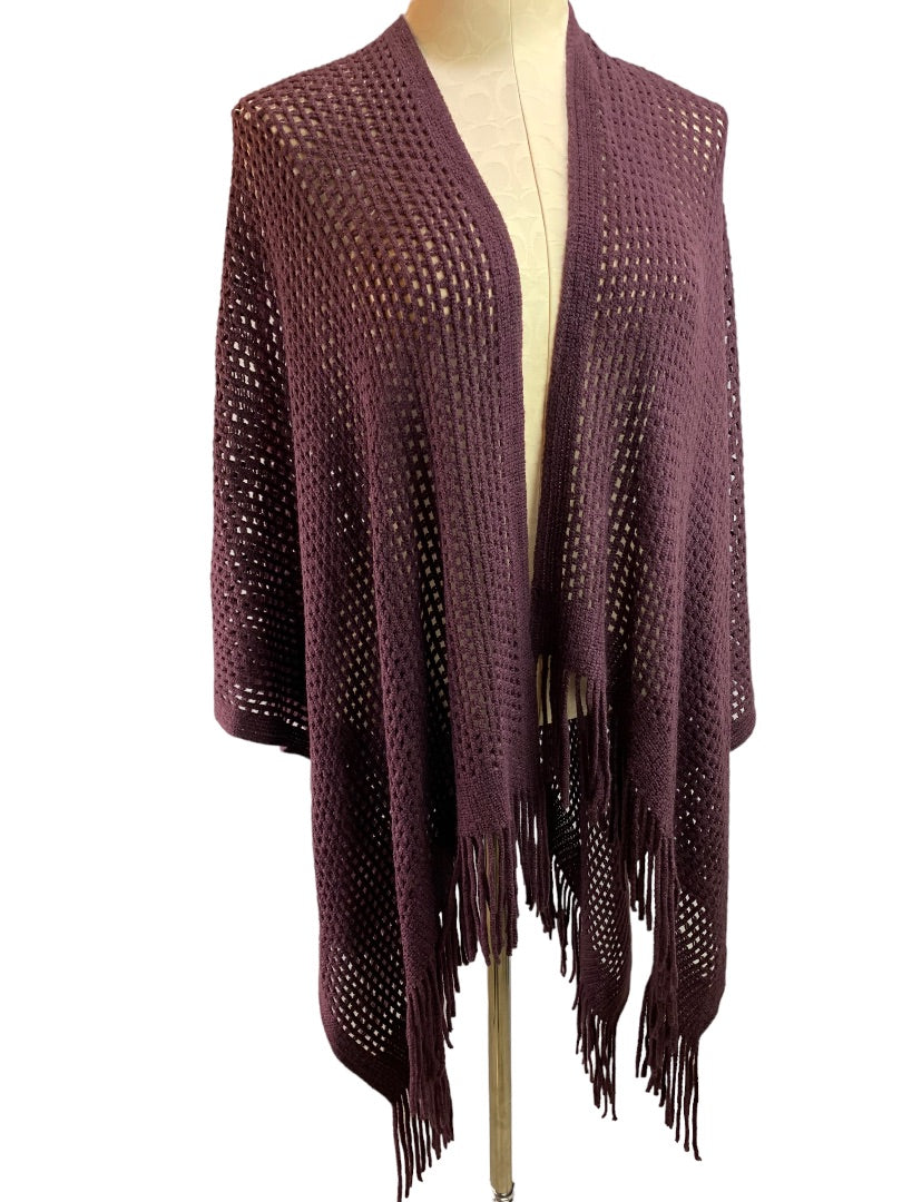 Loose Knit Fringed Shawl Cardigan Women's Eggplant Dark Purple