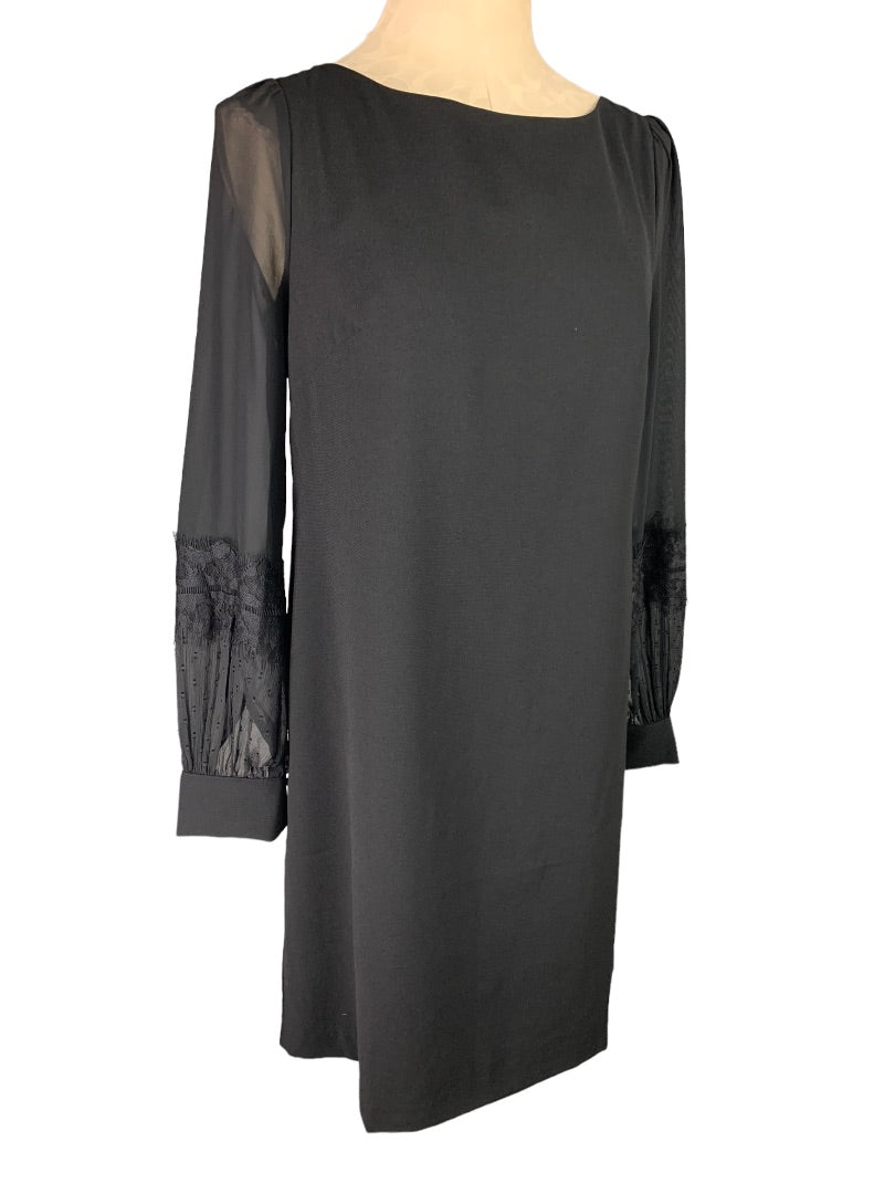 6 Ann Taylor Black Shift Dress Sheer Sleeve Back Zip Knee Length