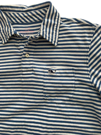 Large Vineyard Vines Boys Blue White Striped Polo Shirt 100% Cotton