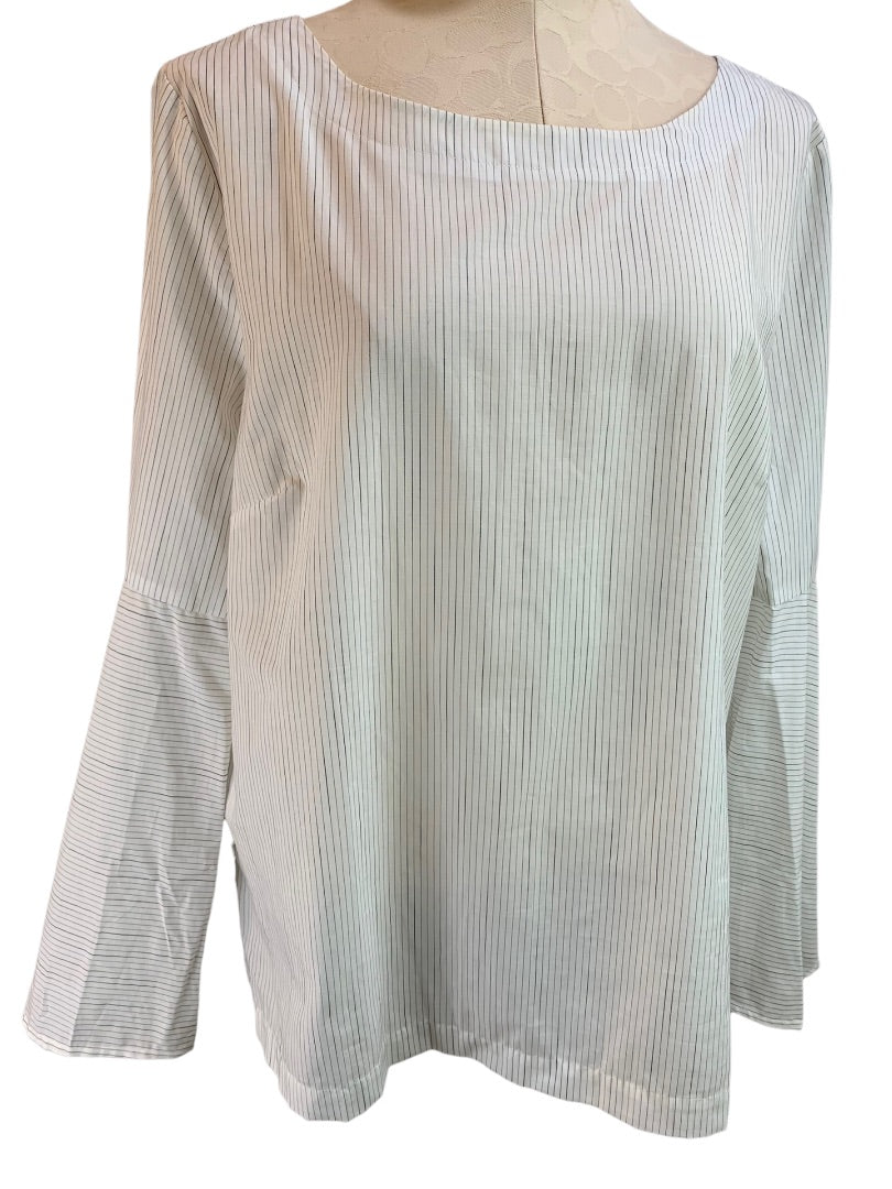 Large LOFT Women's White Pinstripe Bell Sleeve Pullover Blouse Lightweight