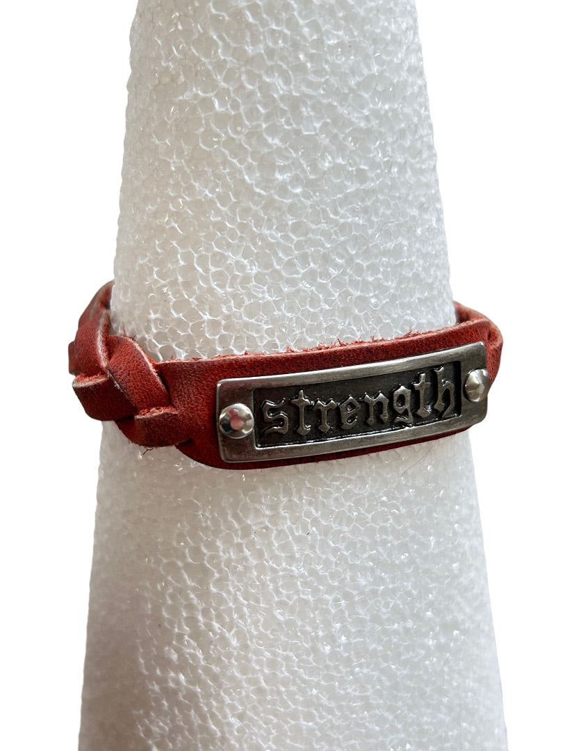 Braided Red Leather Bracelet Snap Closure "Strength" 7" or 7.5"