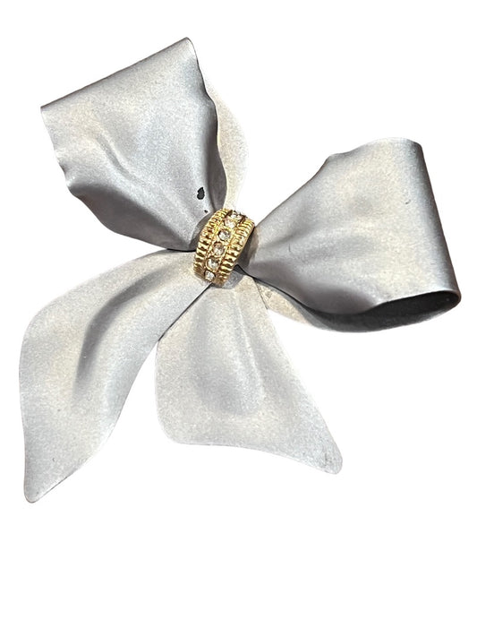 Matte Silver Bow Brooch Gold Tone Rhinestone Accent Pin