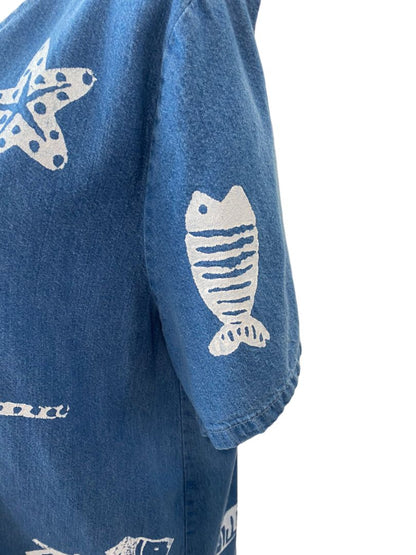 3x Cover Charge Denim Dress Fish Stamp Print Vintage Short Sleeve