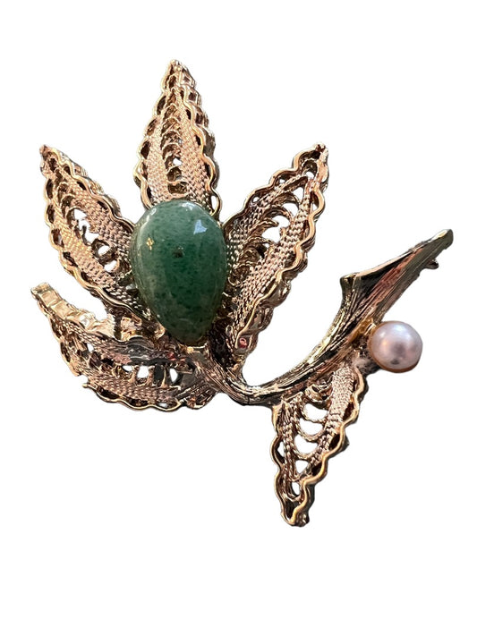 Vintage Flower Leaf Brooch Gold Tone Cabochon Pin Filagree