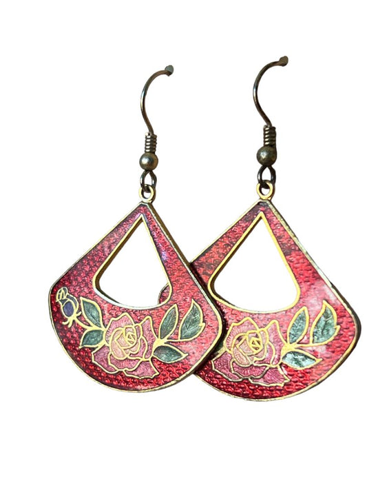 Vintage Cloisonne Red Rose Fan Shape Dangle Earrings