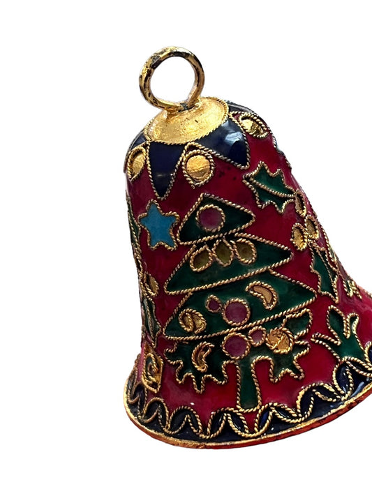 Cloisonne Christmas Tree Bell Small Gold Tone Metal Vintage