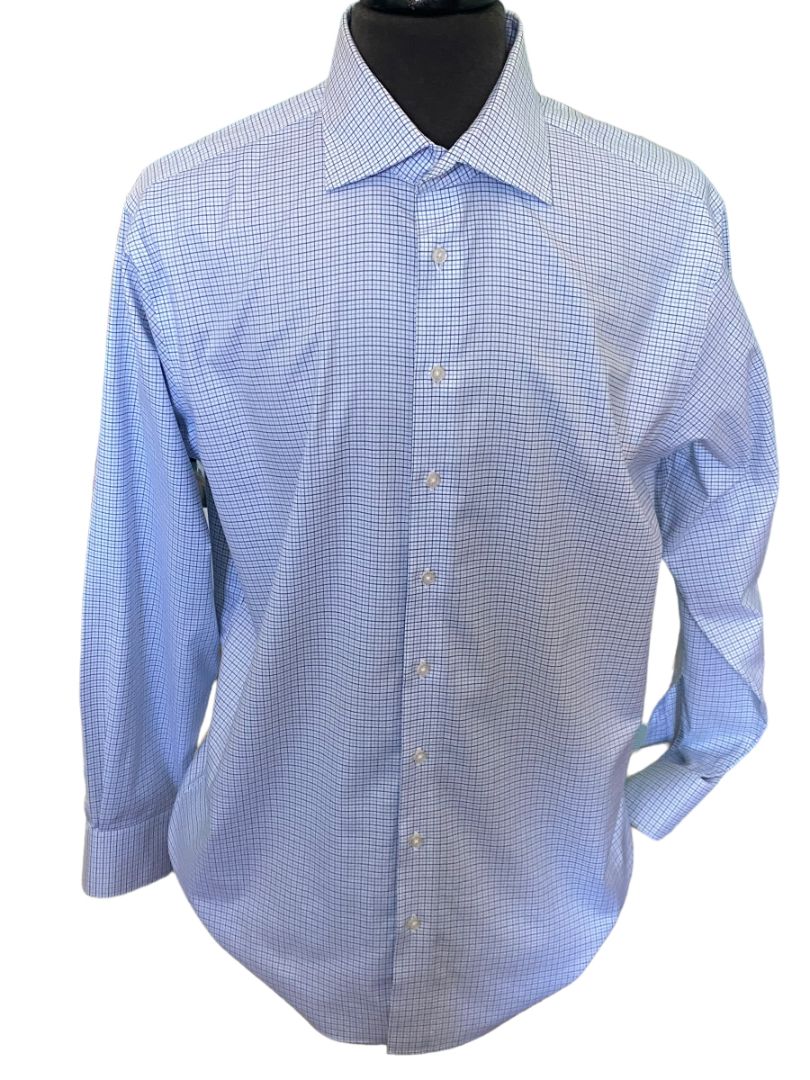 XL (16.75 x 35) Proper Cloth Blue Cross Check Long Sleeve Button Down Shirt Spread Collar