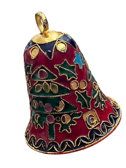 Cloisonne Christmas Tree Bell Small Gold Tone Metal Vintage