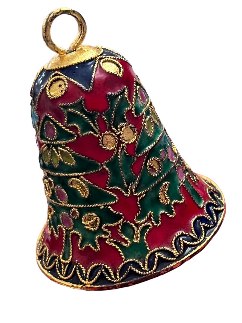 Cloisonne Christmas Tree Bell Small Gold Tone Metal Vintage