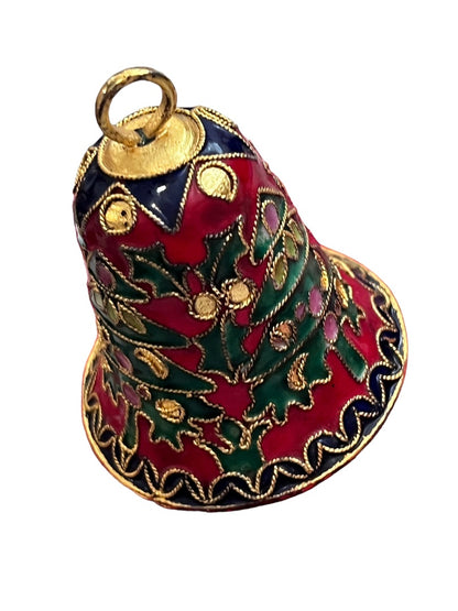 Cloisonne Christmas Tree Bell Small Gold Tone Metal Vintage