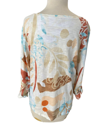 1 (Med) Chico's Earth Tone Leaf Pattern Shirt Blouse Roll-Tab Sleeves