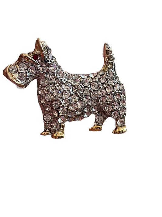 Scotty Terrier Dog Jeweled with Crystals Brooch Gold Tone