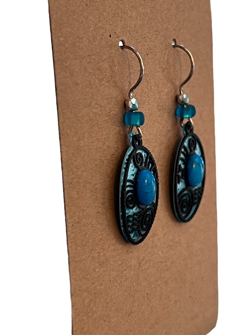 Turquoise Oval Metal Layered Dangle Earrings Cabochon