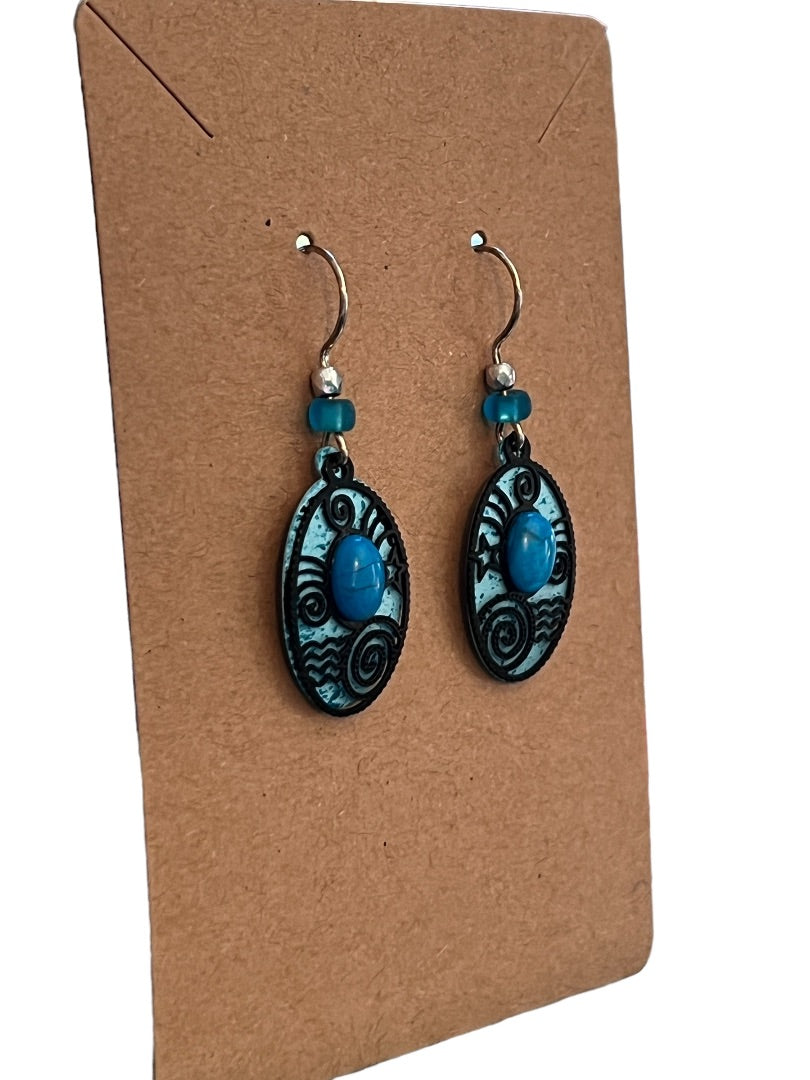 Turquoise Oval Metal Layered Dangle Earrings Cabochon