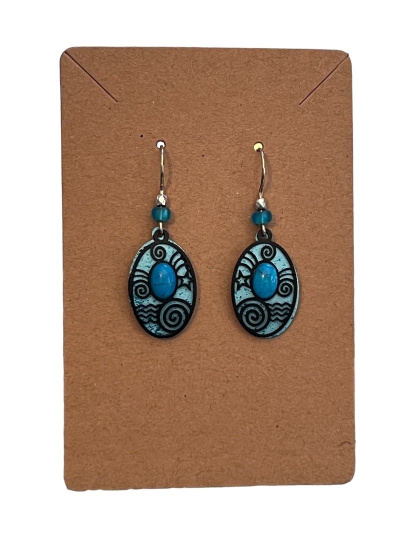 Turquoise Oval Metal Layered Dangle Earrings Cabochon