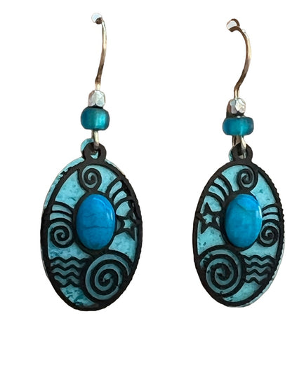 Turquoise Oval Metal Layered Dangle Earrings Cabochon